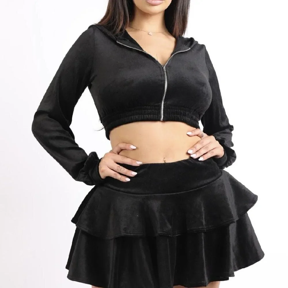 Velour Ruffled Skater Skirt Set New